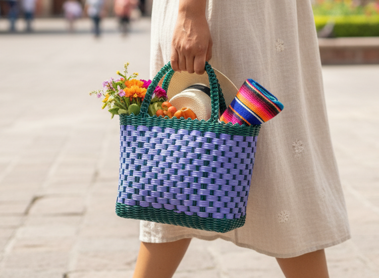 Mujer que lleva una cesta azul tejida llena de flores, hilo y un colorido tejido.