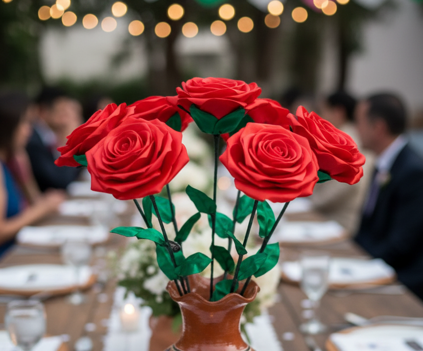 Primer plano de un ramo de rosas rojas en un jarrón sobre una mesa en un evento al aire libre.