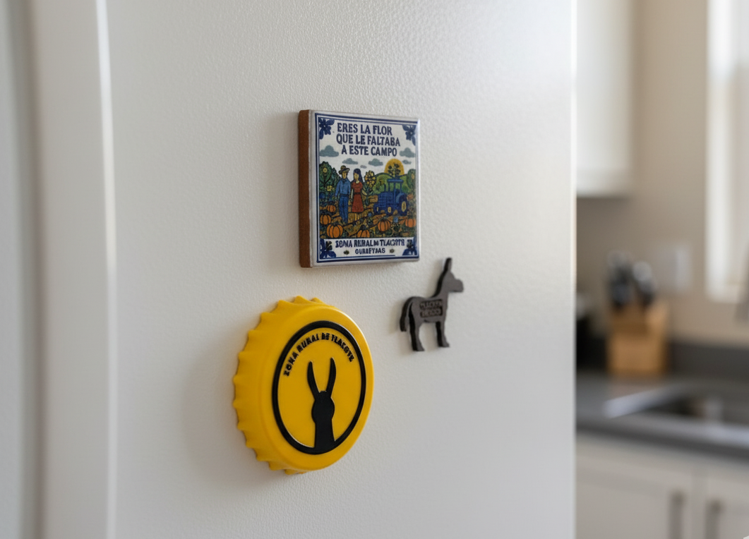 Imanes en la puerta blanca de un frigorífico: libro, burro, tapón de botella amarillo.