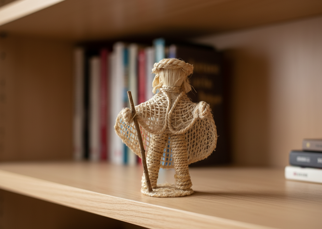 Figura de paja tejida que representa a una persona sosteniendo un bastón sobre un estante de madera; libros al fondo.