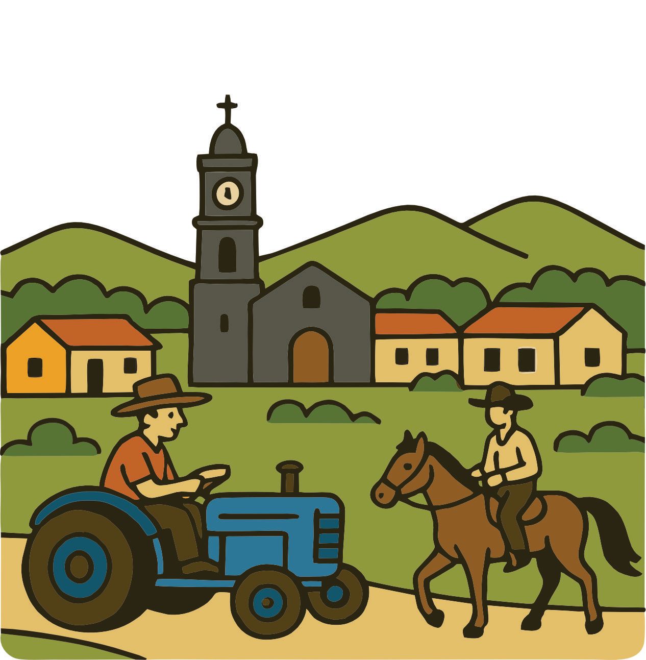 Un granjero en tractor y una persona a caballo pasan junto a un pueblo con iglesia y casas.
