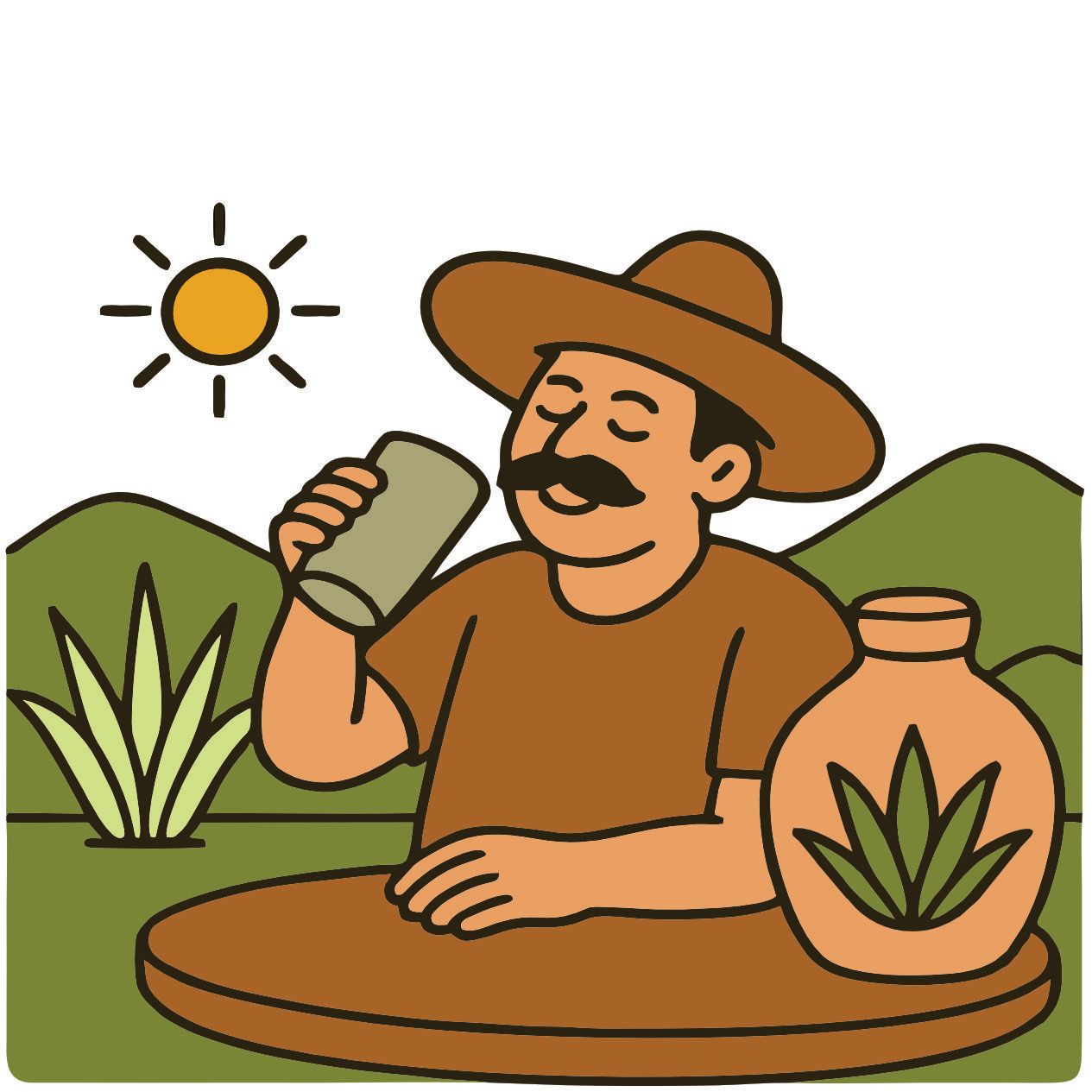 Un hombre con sombrero bebe de una taza al aire libre, junto a una planta de agave y una jarra; brilla el sol.