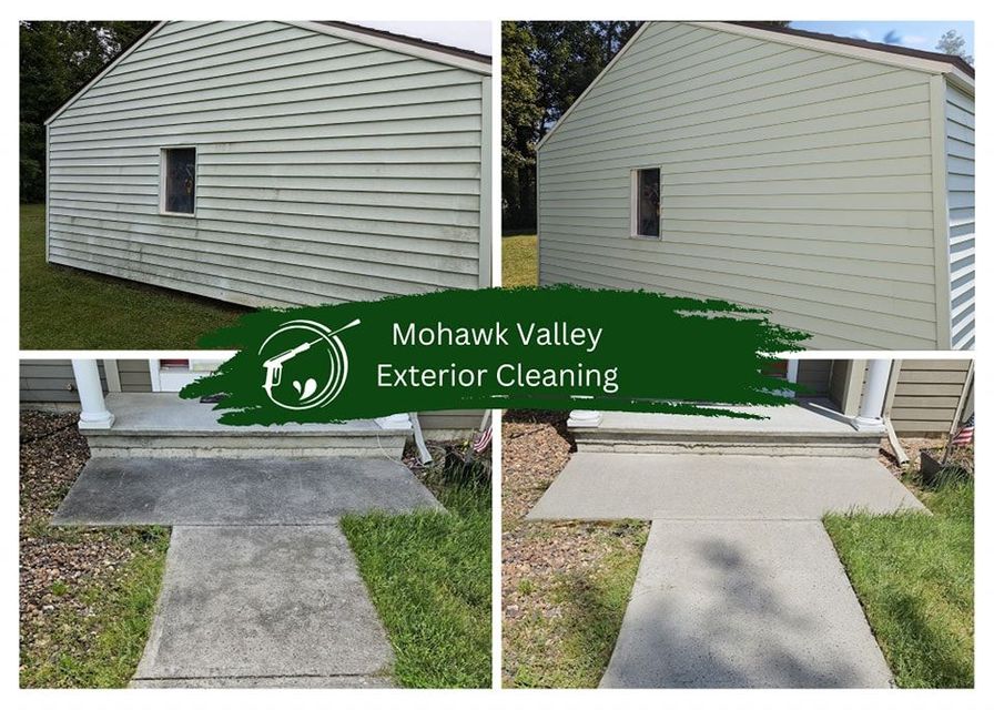 Before and after comparison of house siding and a concrete walkway cleaned by Mohawk Valley Exterior Cleaning.