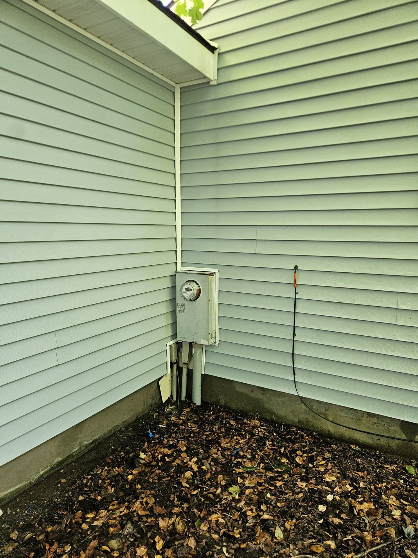 An electric meter box mounted on the corner of a house with light blue siding above a ground area covered in dry leaves.