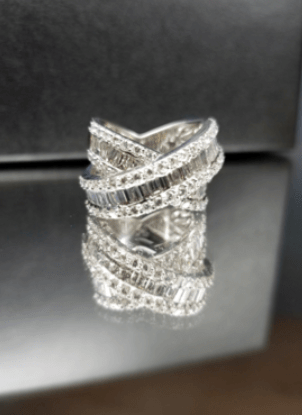 A silver ring with a lot of diamonds on it