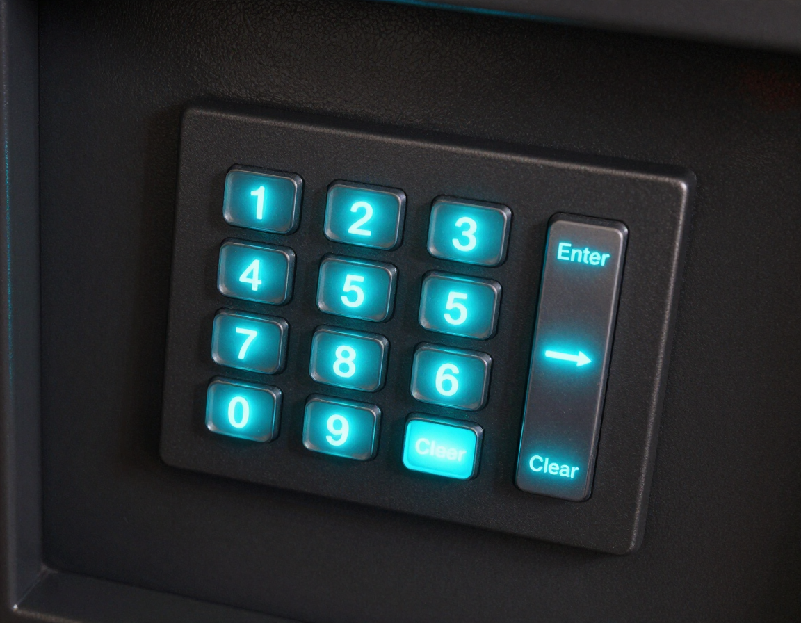 Illuminated black keypad with cyan number buttons and Enter/Clear keys
