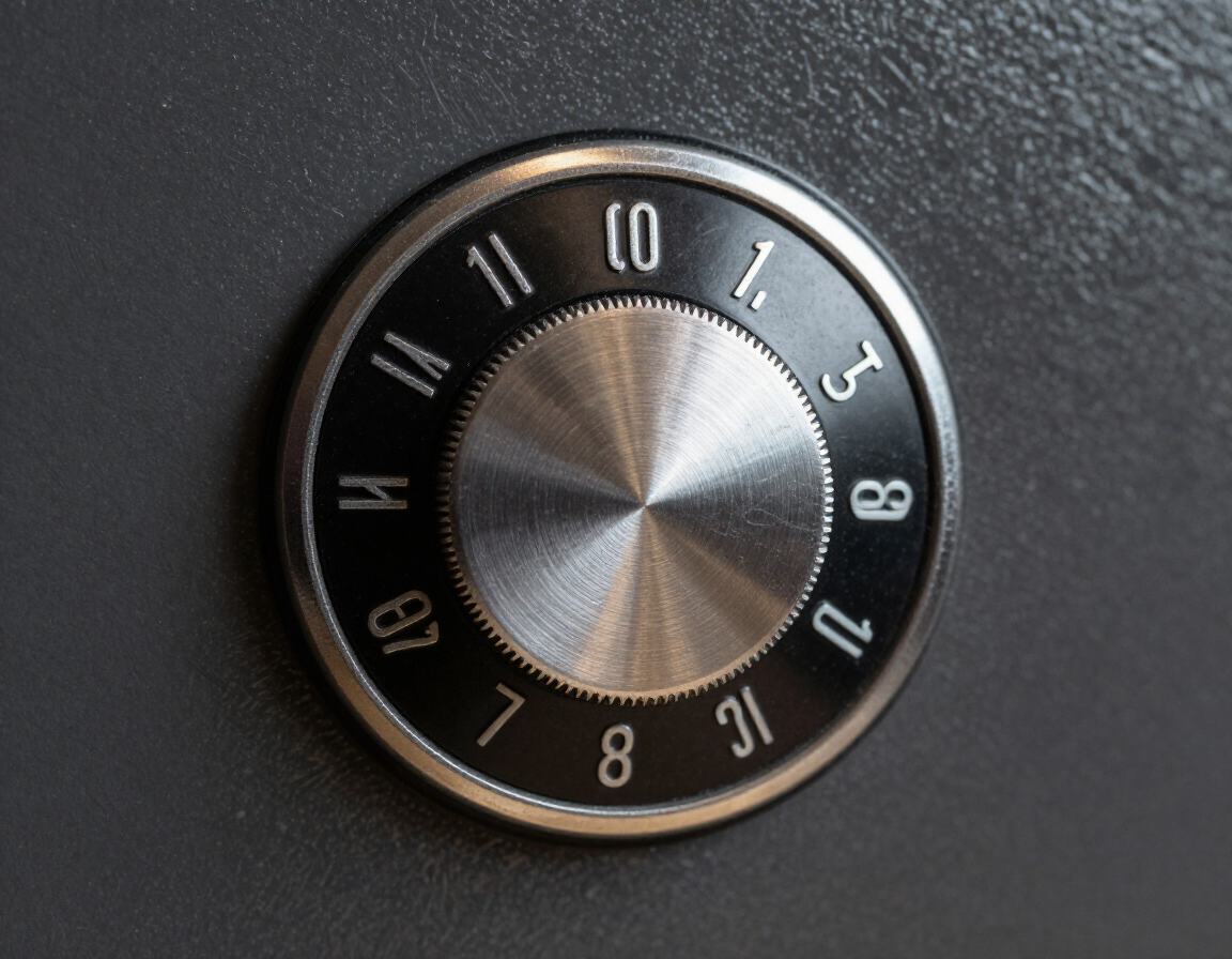 Close-up of a black and silver rotary dial knob with white numbers on a dark surface