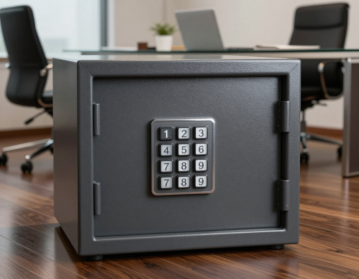 Gray office safe with a keypad lock on a wooden floor in a conference room
