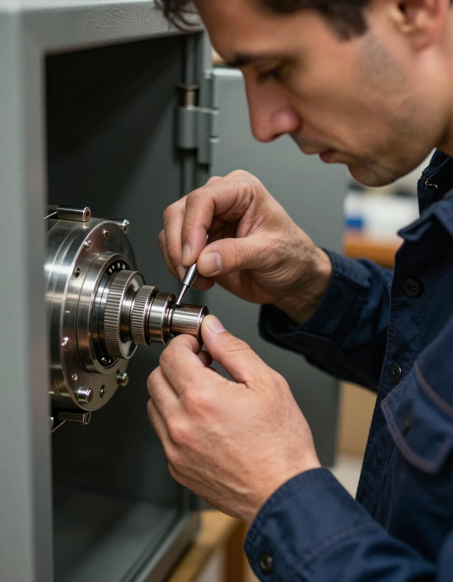 Technician inspecting a metal part with a tool inside a machine