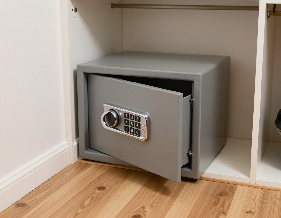 Gray safe with keypad door in a white cabinet under a shelf on a wood floor