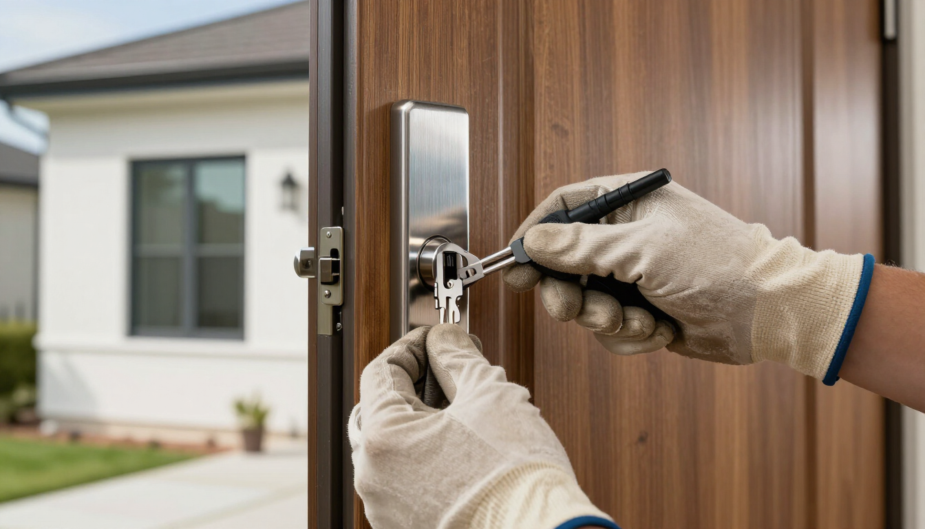 A professional locksmith rekeying a residential door lock in Toledo.