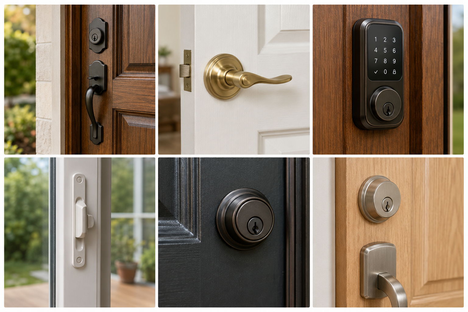 Collage of six door locks and handles in wood, white, black, and light wood finishes