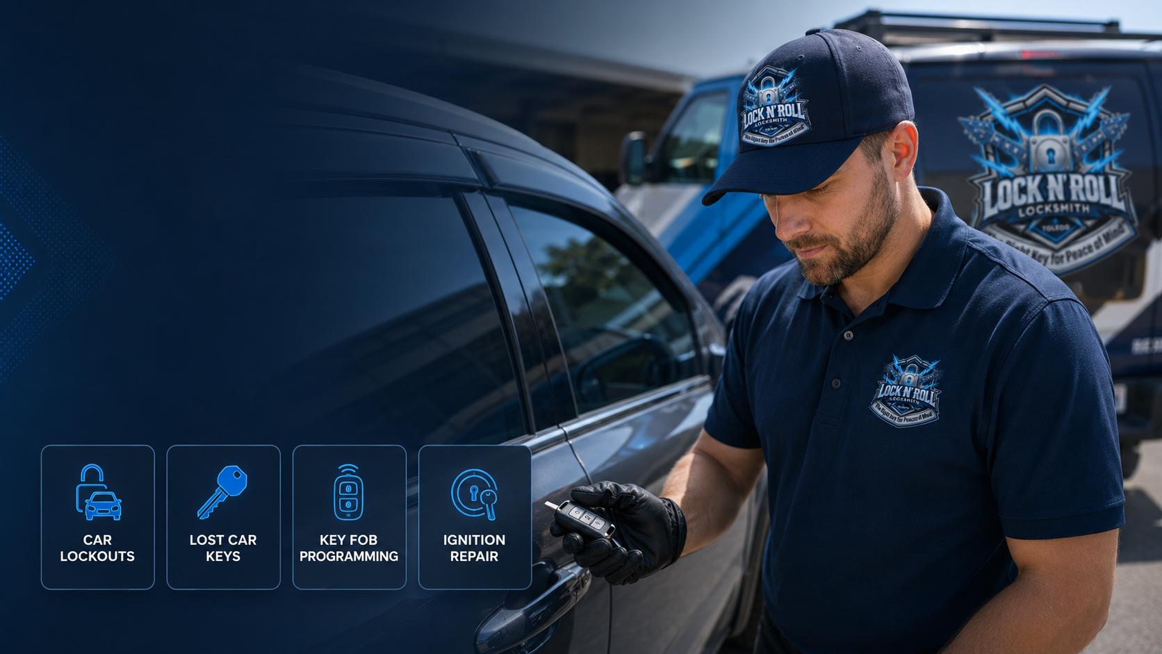 Technician in navy uniform detailing a black car beside a Lock It Real logo backdrop.