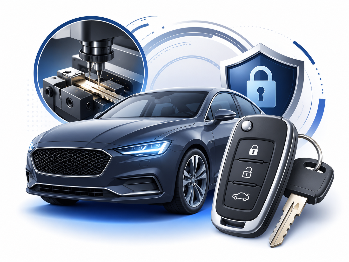 Automotive locksmith key fob and car key replacement illustration