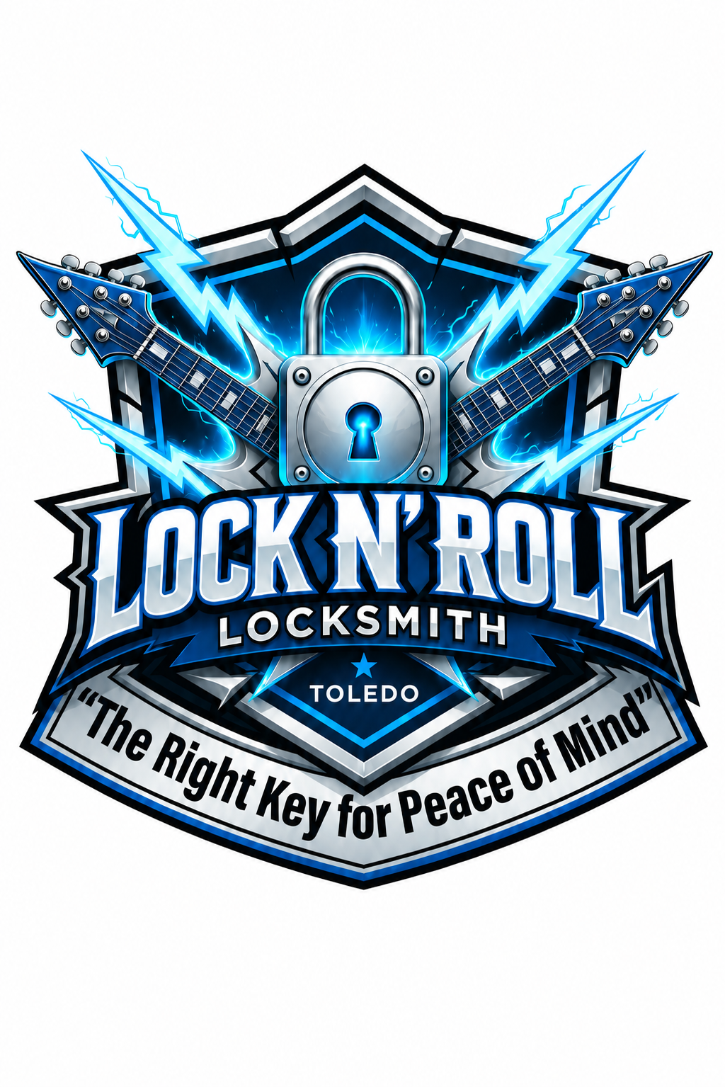 Lock N Roll Locksmith Toledo logo with blue lightning, padlock, and “The Right Key for Peace of Mind” slogan