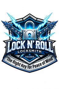 Lock N Roll Locksmith Toledo logo with blue lightning, padlock, and “The Right Key for Peace of Mind” slogan