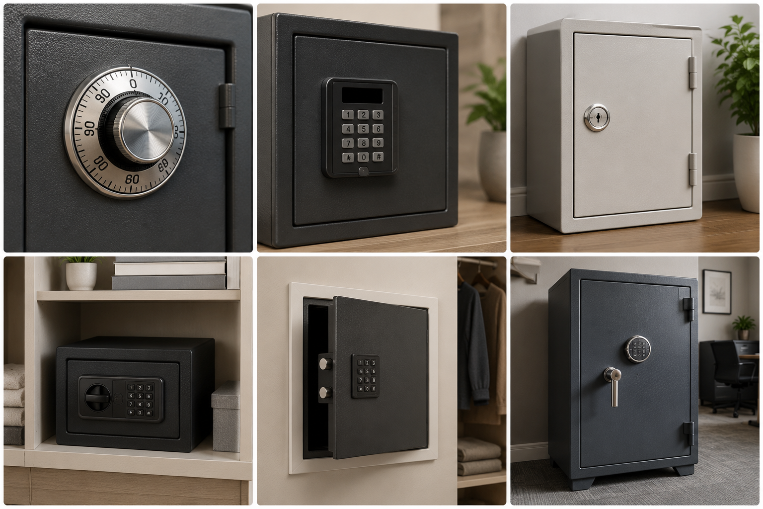 Collage of six modern home safes in black and gray, shown closed with combination locks and keypads.