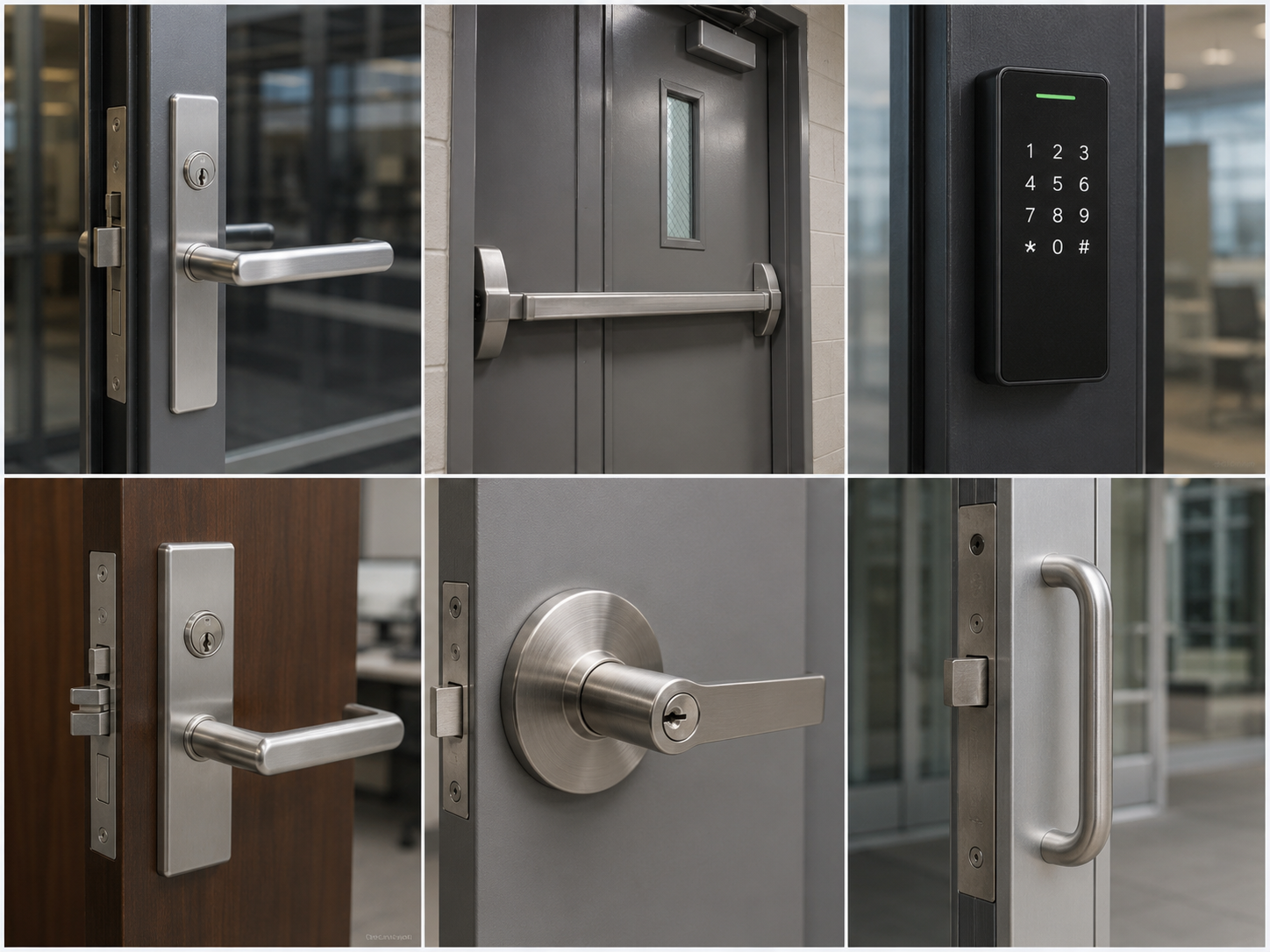Collage of six modern door locks and handles on glass and wood doors, including a keypad lock.