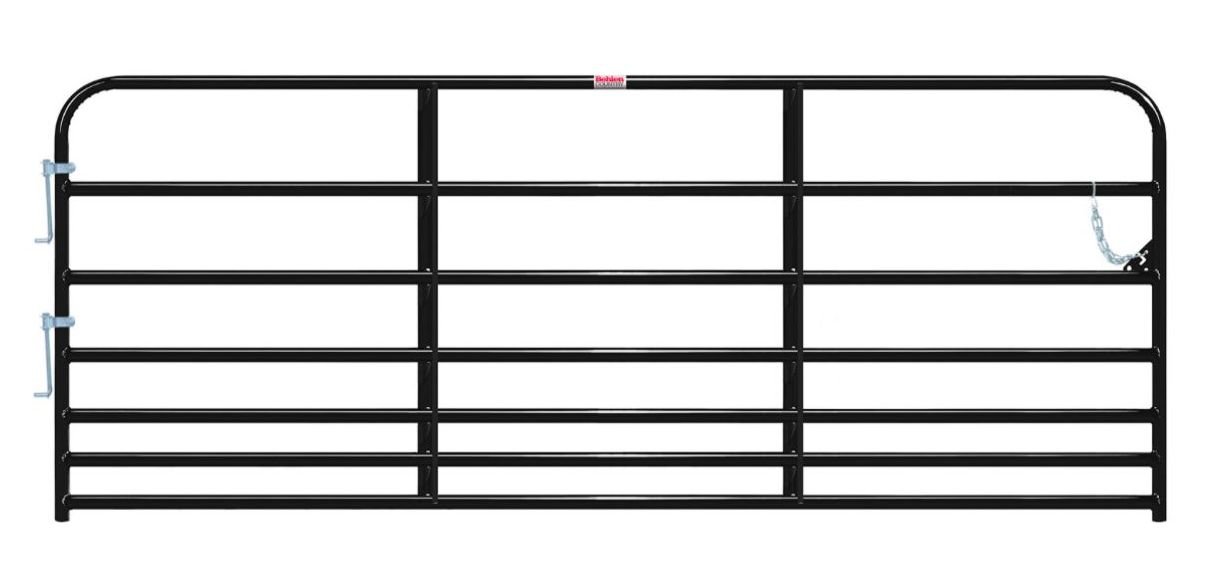 Black metal farm gate with horizontal bars and latching hardware.