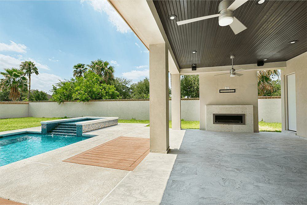 Backyard sample backyard with pool, terrace and large grassy patio