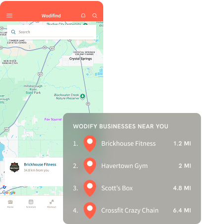 Mobile fitness app map showing nearby gyms, with a list of locations and distances on a gray panel.