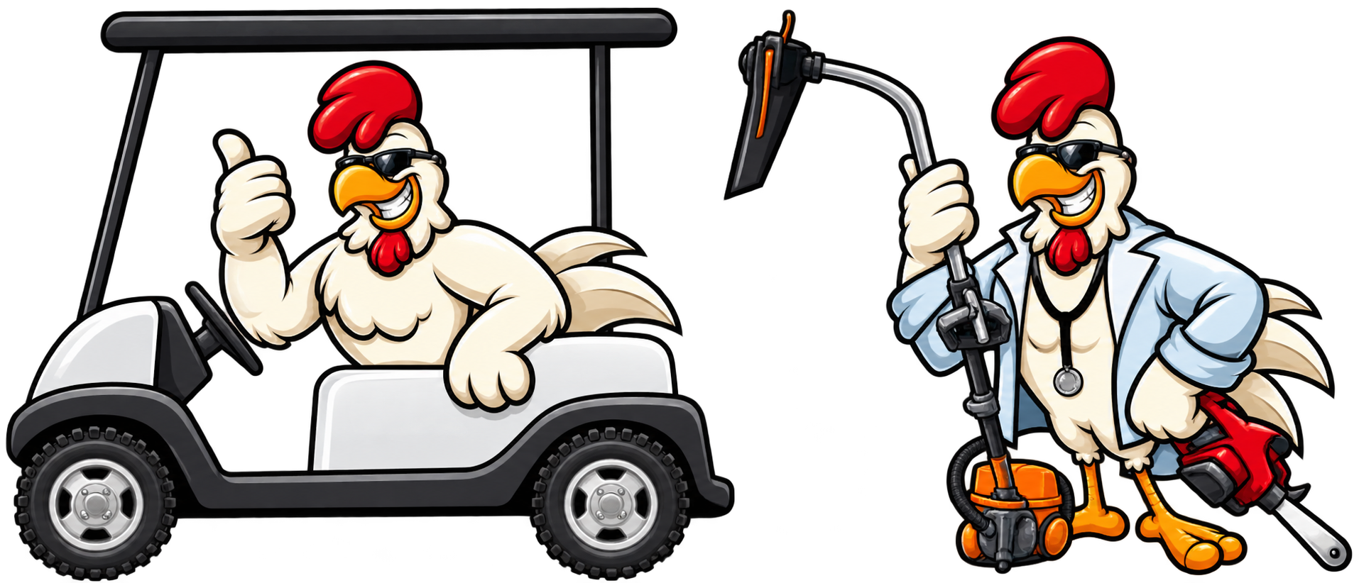 Cartoon chicken driving a golf cart next to a chicken holding a hedge trimmer