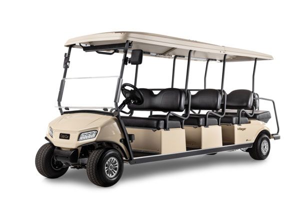 Beige six-seat golf cart with canopy and black seats, shown in profile on a white background