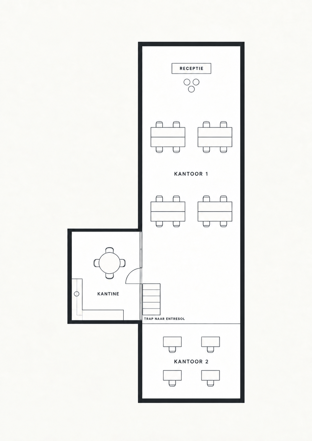 Plattegrond Unit 2: inrichtingsvoorbeeld met open kantoor, tweede kantoor, kantine en trap naar de entresol