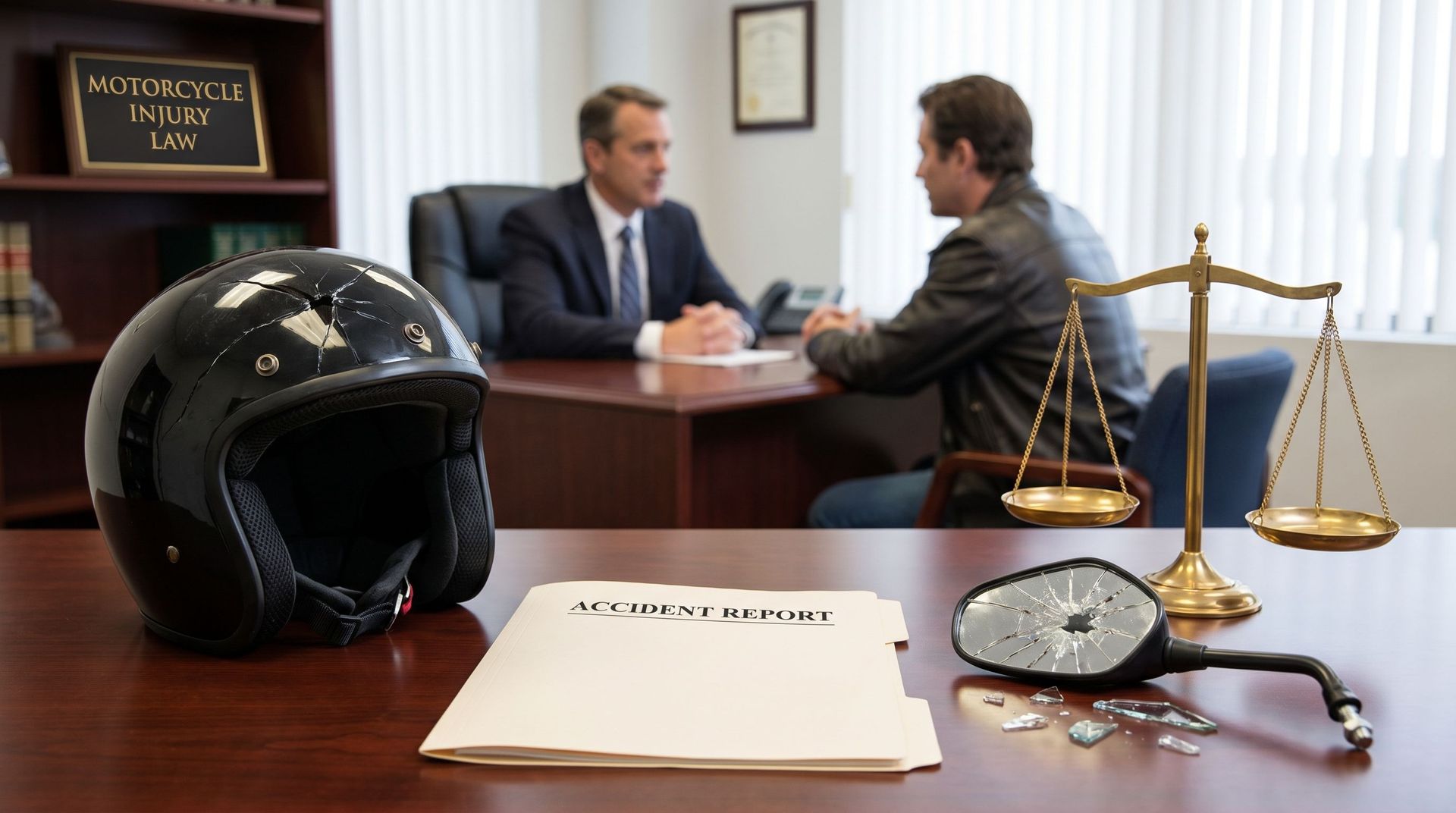 Motorcycle accident lawyer consulting with a client in a law office with a helmet, accident report,