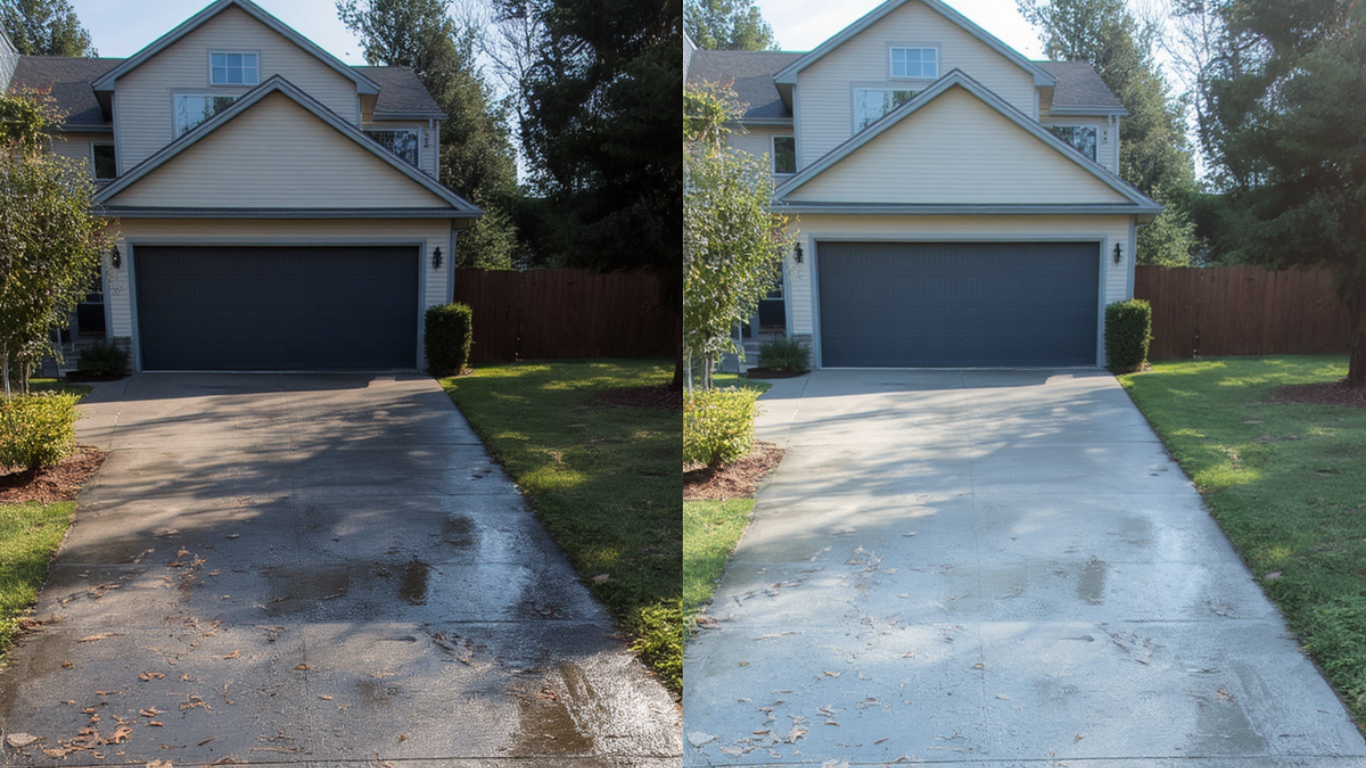 Before-and-after driveway cleaning of a suburban house, showing dark stained concrete beside bright cleaned concrete.