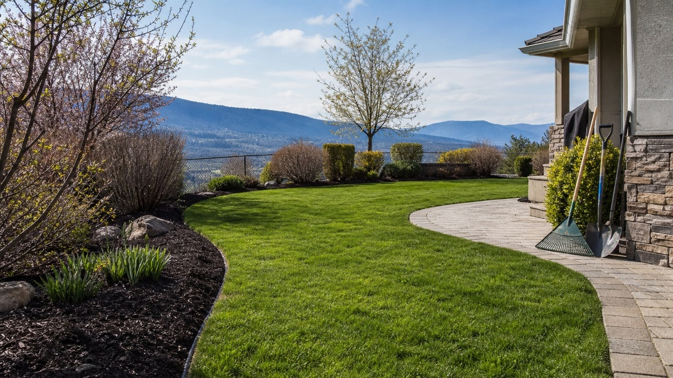 Curved stone patio beside a green lawn, overlooking mountains under a blue sky