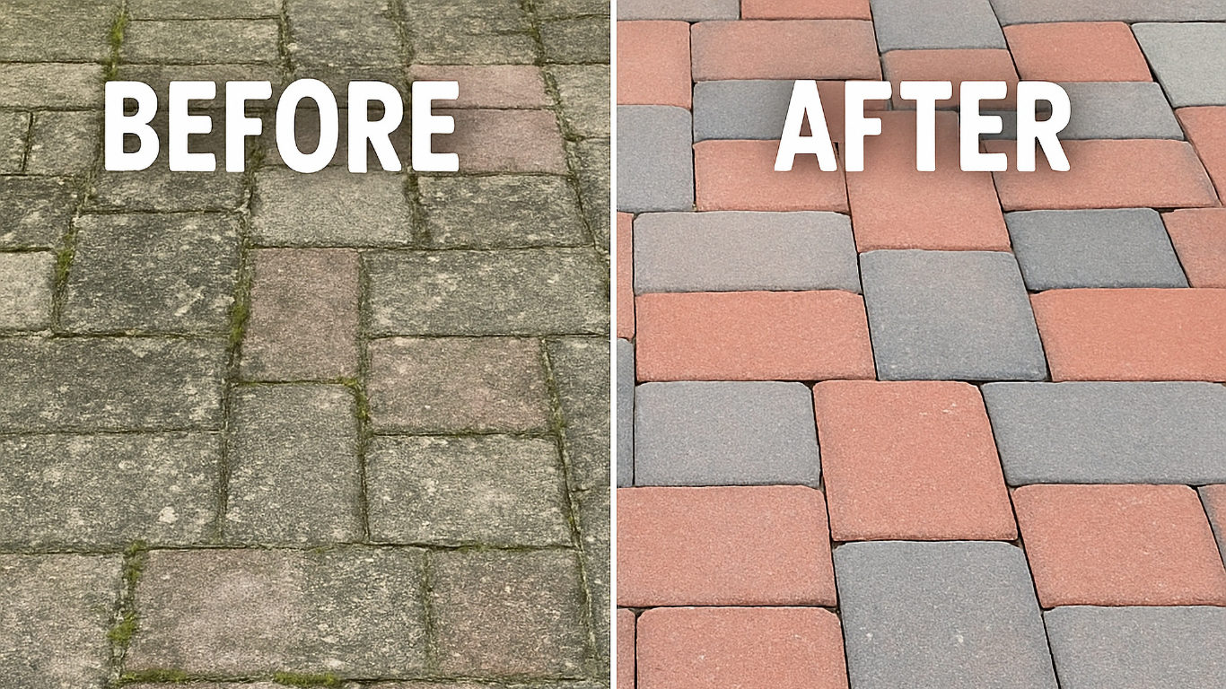 Before-and-after of paved patio stones: worn gray bricks replaced with clean red and gray pavers.