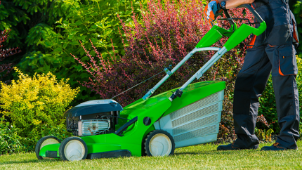 Person pushing a bright green lawn mower on a grassy lawn with colorful shrubs in the background