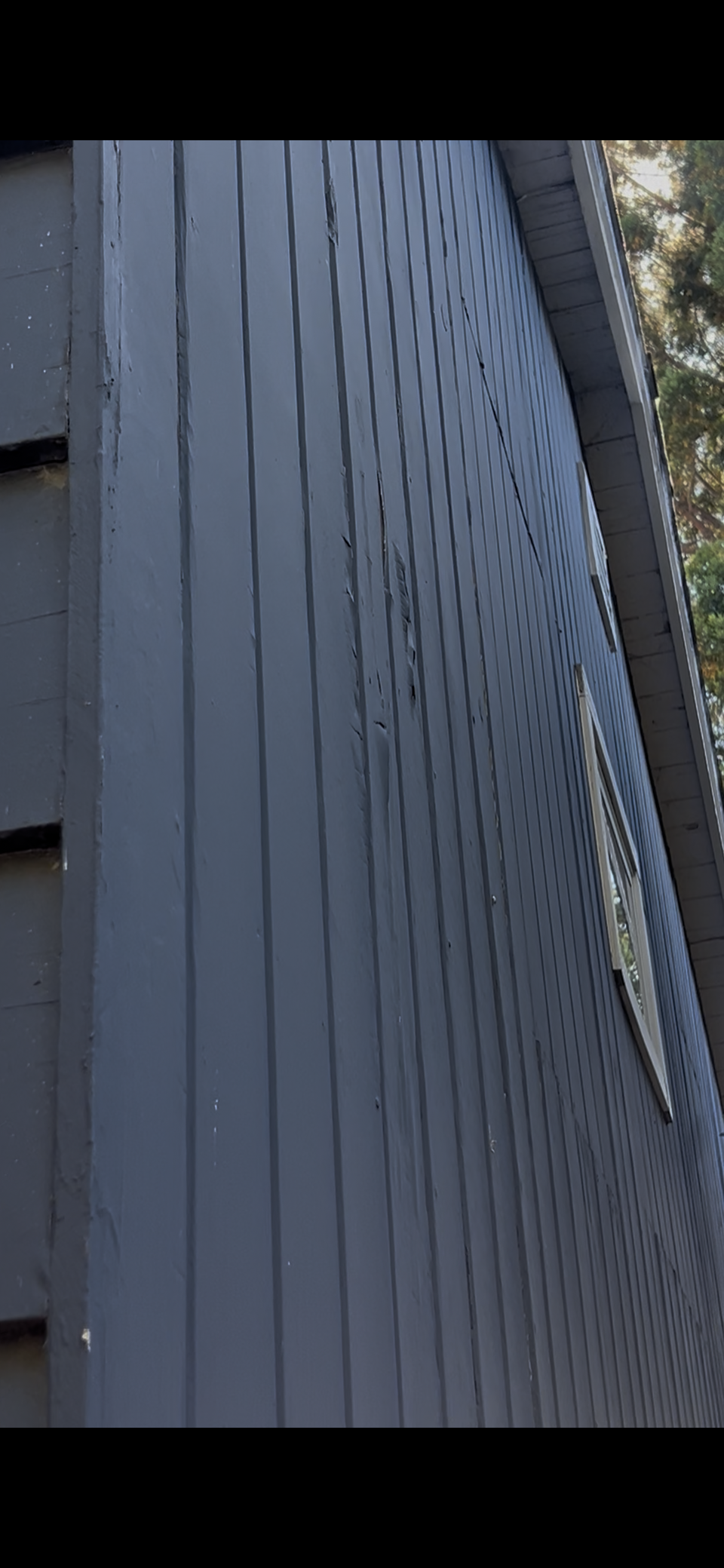 Close-up of gray house siding and a curved decorative trim along the roofline.