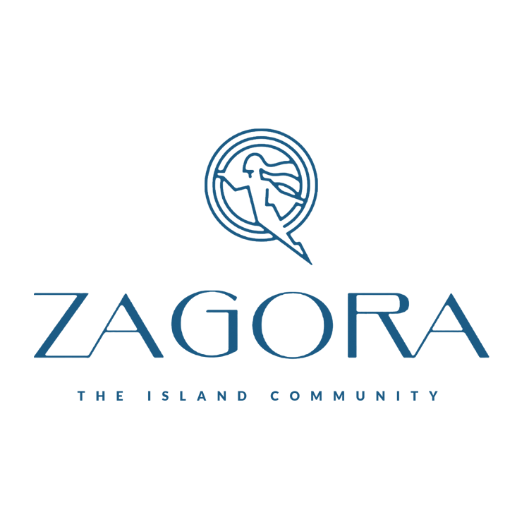 Logotipo de ZAGORA con icono de globo terráqueo y pájaro azules y el eslogan “LA COMUNIDAD DE LA ISLA” sobre fondo blanco.