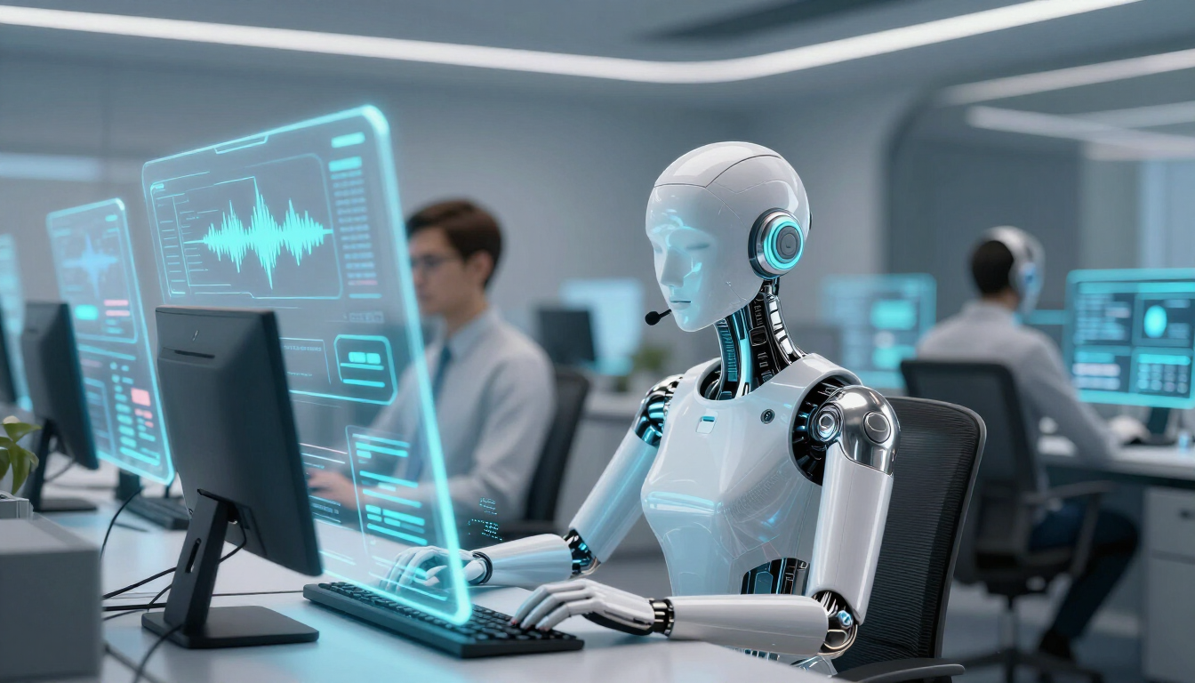 AI robot assistant handling business calls and messages at a workstation