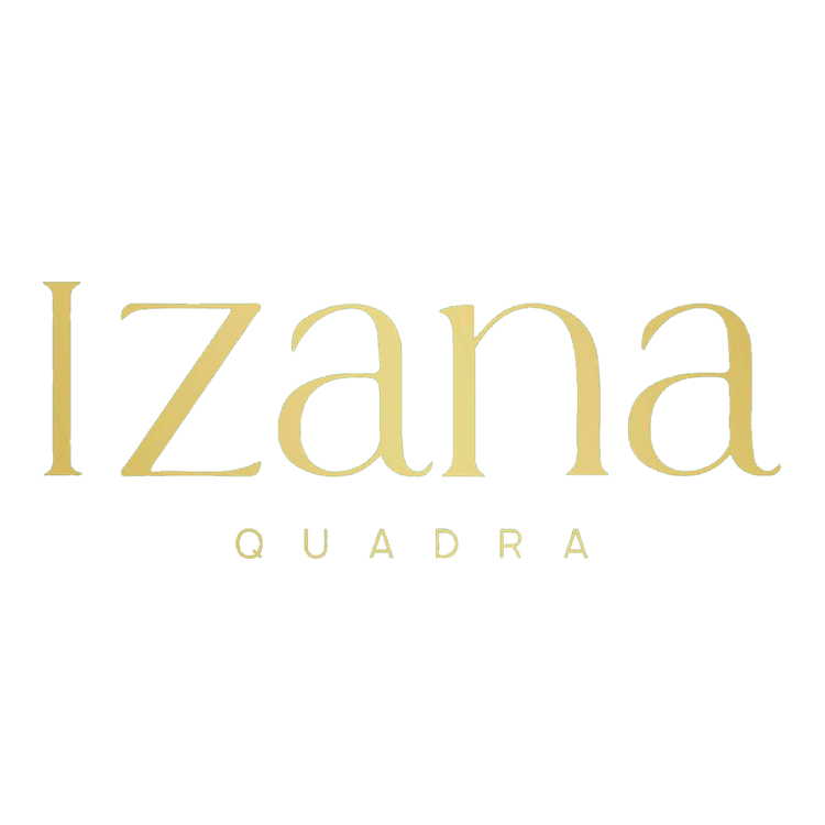 Logotipo dorado “izana quadr a” sobre fondo blanco