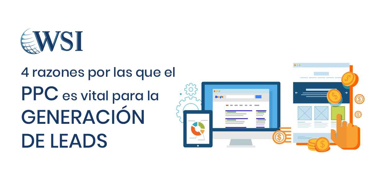 Banner en español sobre PPC y generación de leads, con gráficos de analítica, móvil, monitor y monedas.