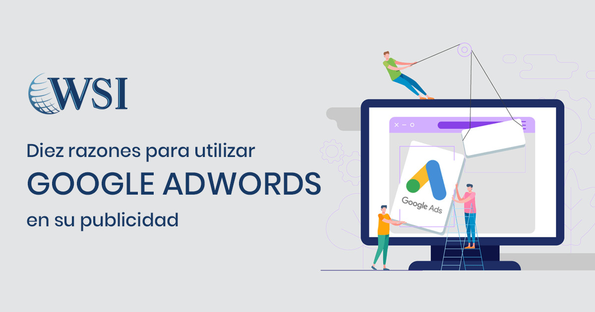 Anuncio de WSI sobre el uso de Google Ads para publicidad, con una computadora portátil y gente alrededor.