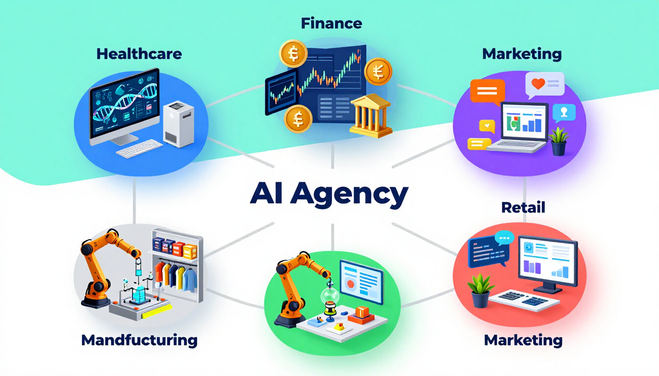 Illustration of an AI marketing agency with colorful icon boxes representing healthcare, finance, an