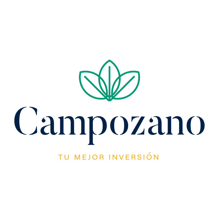 Logotipo de Campozano con icono de hoja verde y eslogan dorado “Tu mejor inversión” sobre fondo blanco.