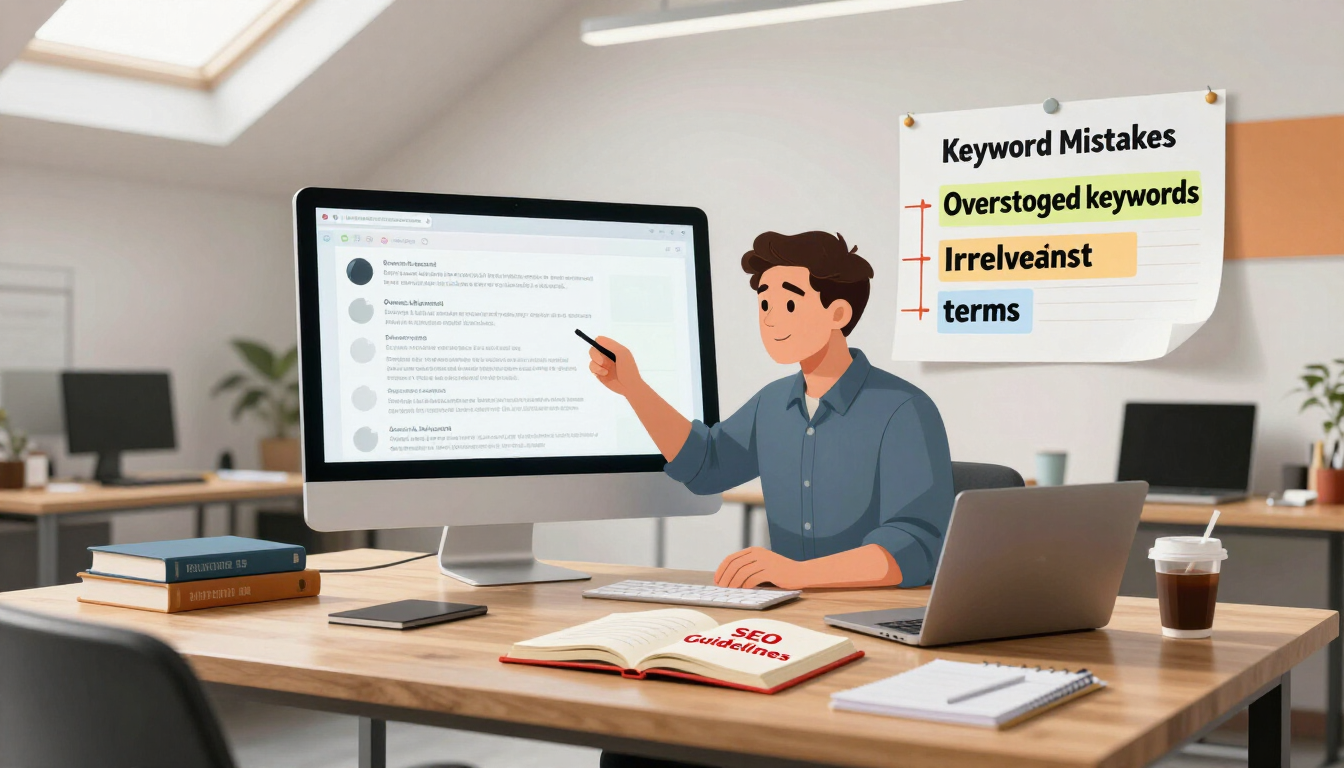 Whiteboard-style graphic listing common content marketing mistakes like keyword stuffing and irrelev