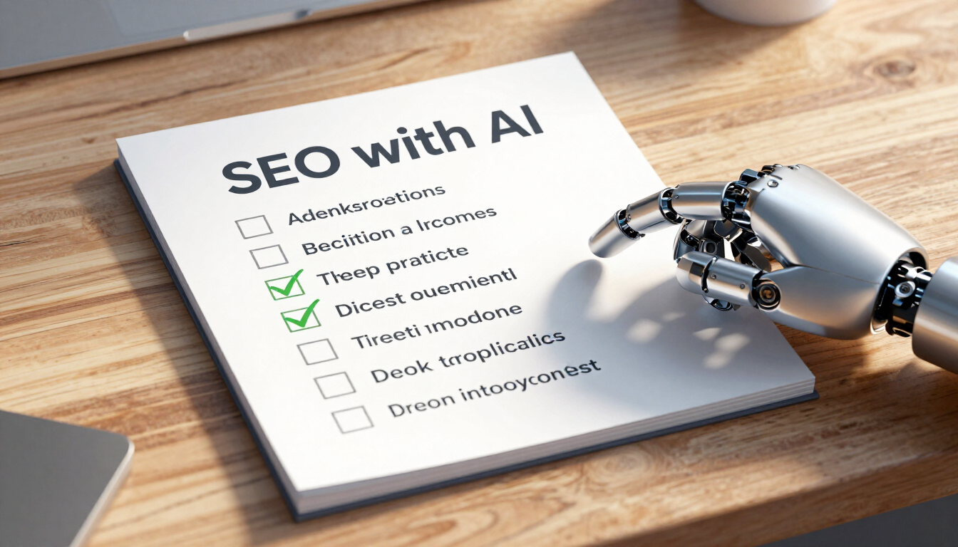 Notebook with an SEO with AI checklist next to a robotic hand, illustrating a monthly SEO review pro