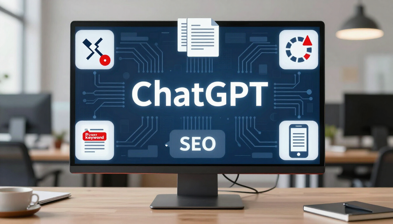 Laptop screen showing ChatGPT and SEO icons, illustrating common SEO mistakes that stop AI from reco
