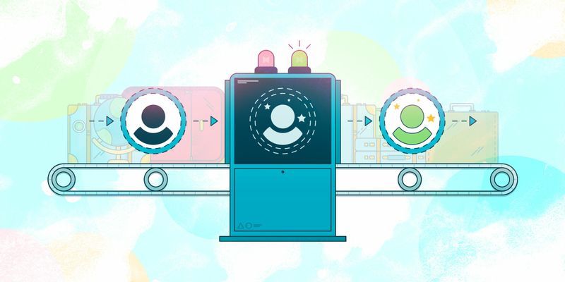 Cinta transportadora estilizada con tres iconos circulares de usuario que se mueven hacia una máquina central turquesa.