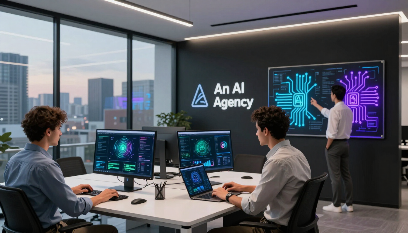 Two professionals reviewing an AI agency digital interface on a large screen in a modern tech office