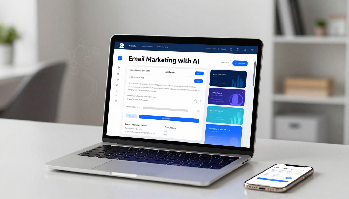 Laptop dashboard showing email marketing performance charts and metrics next to a smartphone display
