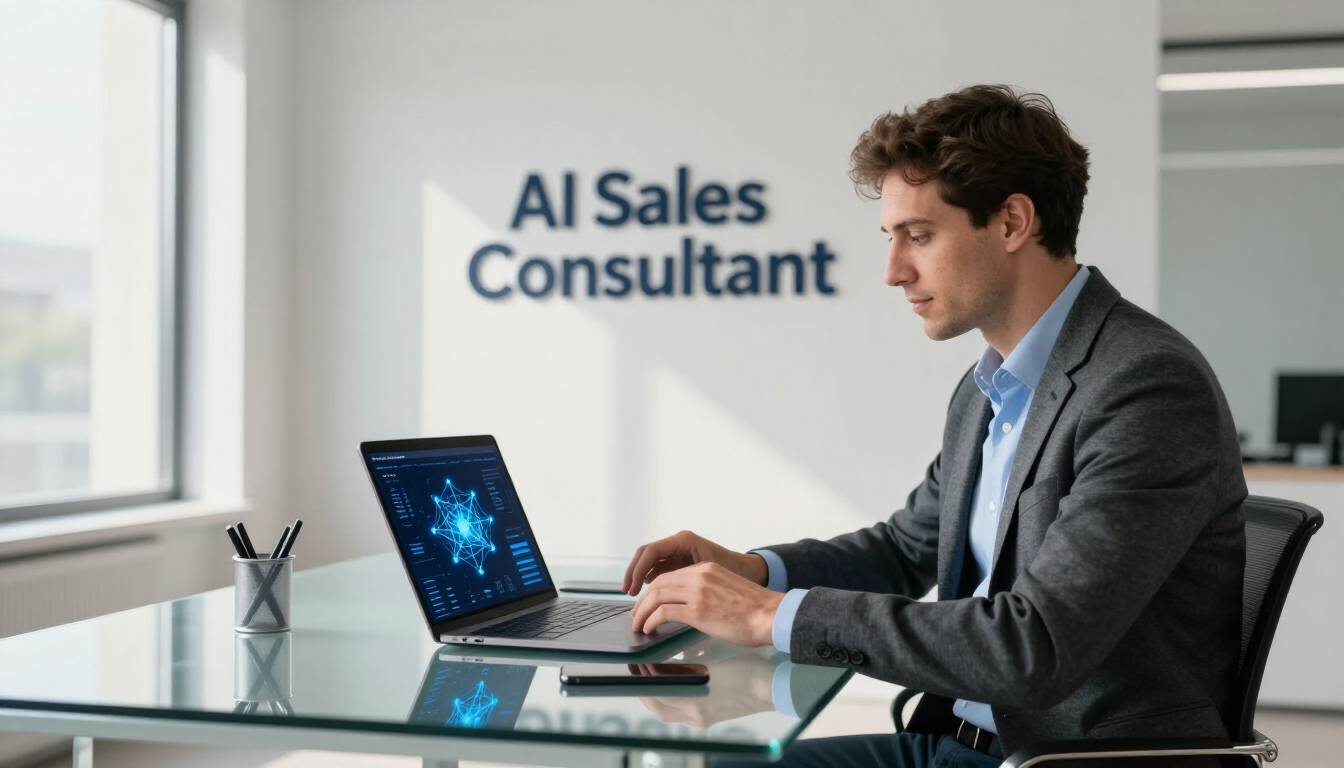 Man in a suit working on a laptop at a desk with an AI Sales Consultant label overlay in a modern of