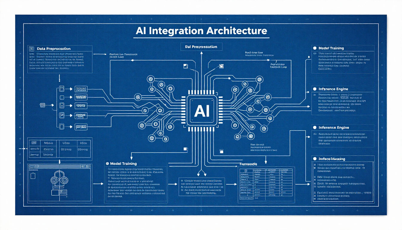 Blue technical diagram titled AI Integration Architecture showing connected system components and da