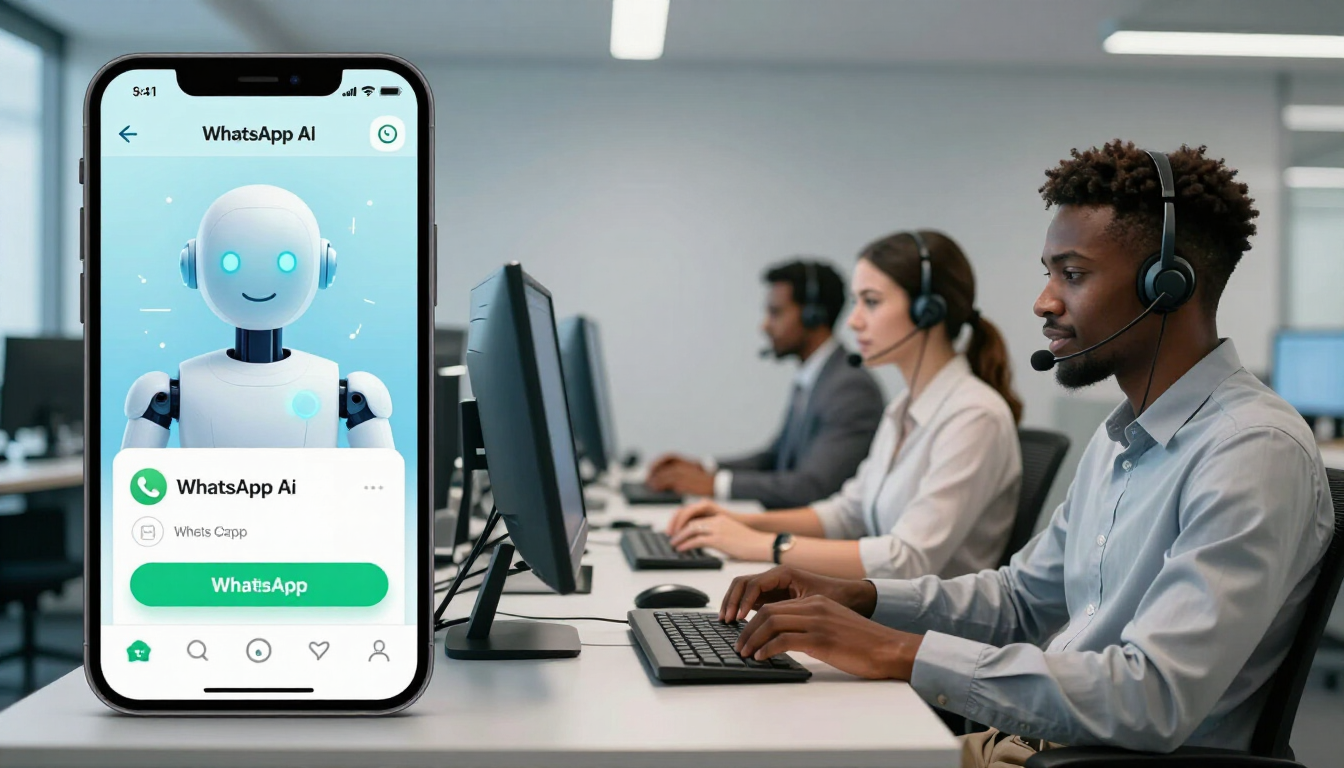 Call center agents next to a WhatsApp with AI chat on a smartphone